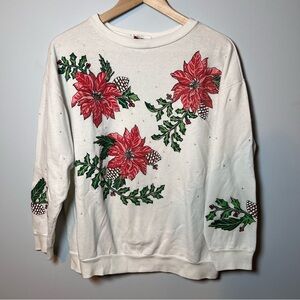 Vintage Christmas Poinsettia Crewneck Women’s M White Nutcracker Sweatshirt